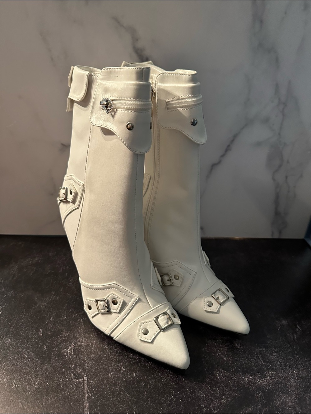 White Pointed-Toe Mid-Calf Buckle Booties
